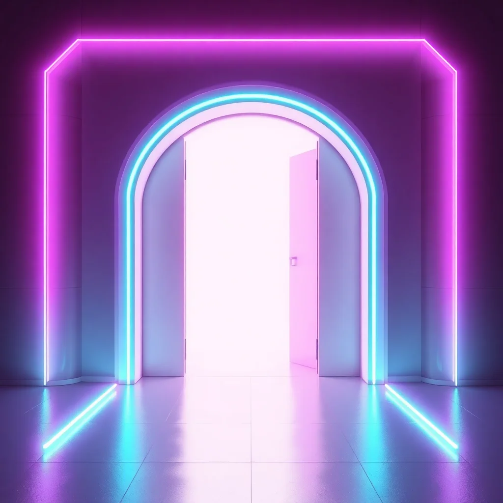 Futuristic doorway portal with glowing neon cyan edges